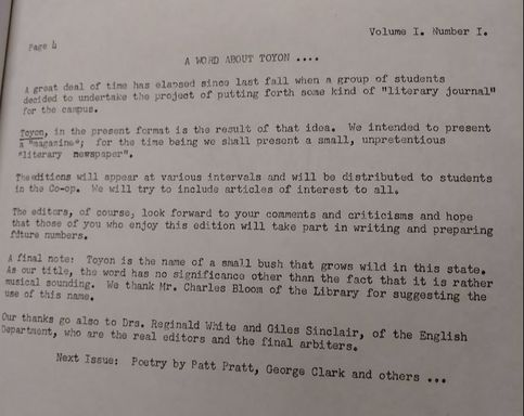 Letter from Editorial Team from the 1954Typed Letter from the 1954 Toyon Issue