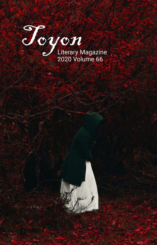 Image of Toyon Volume 66 Cover Art featuring hooded lady in red forest